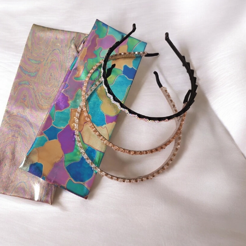 Set Of 5 Headbands 3 With Colored Stones 2 Soft Irridescent Material Springtime